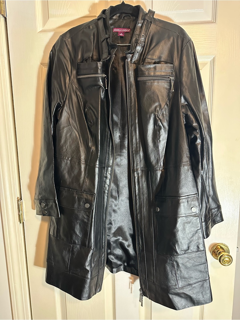 Jessica London Black Long Leather Coat with Buckle Collar